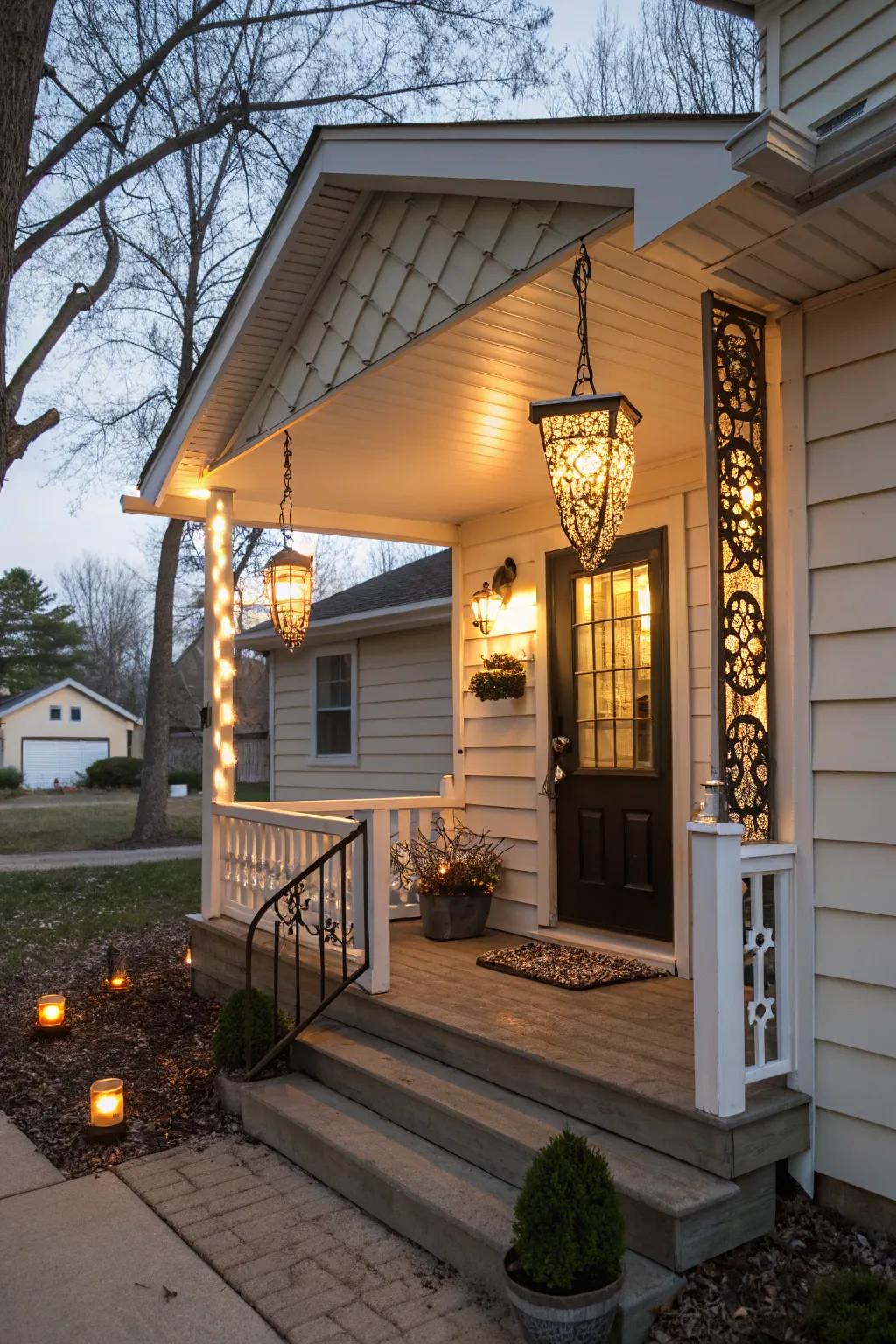 A compact front porch illuminated by chic decorative lighting options.