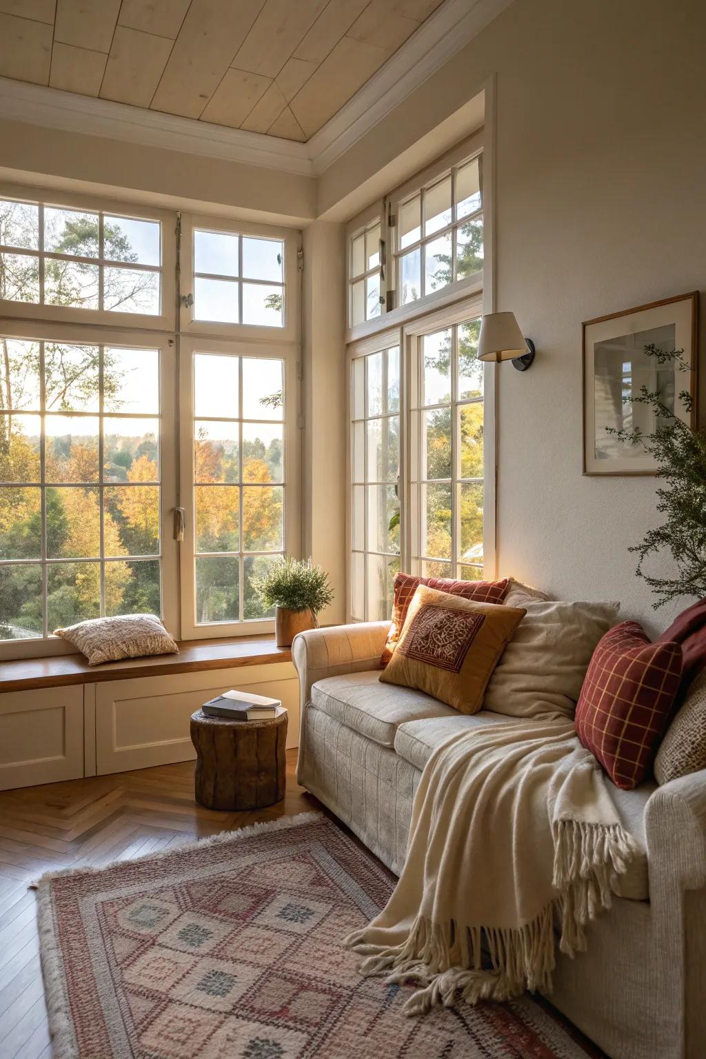 A snug living space showcasing wide windows maximizing sunlight.