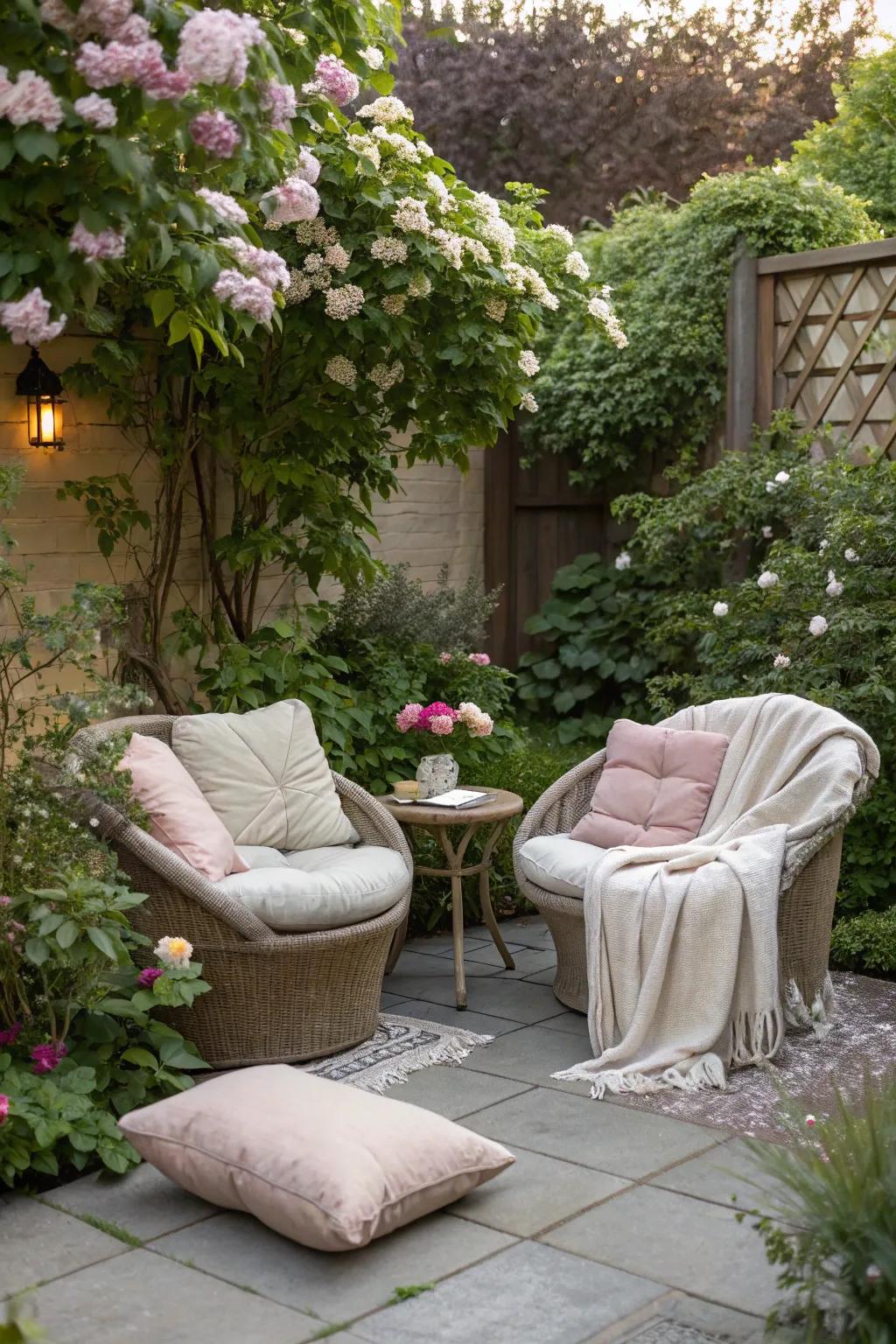 A cozy seating area perfect for relaxation in a small garden.
