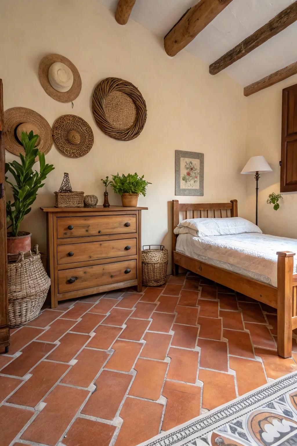 Clay tiles infuse warmth and texture into a modern Spanish bedroom.