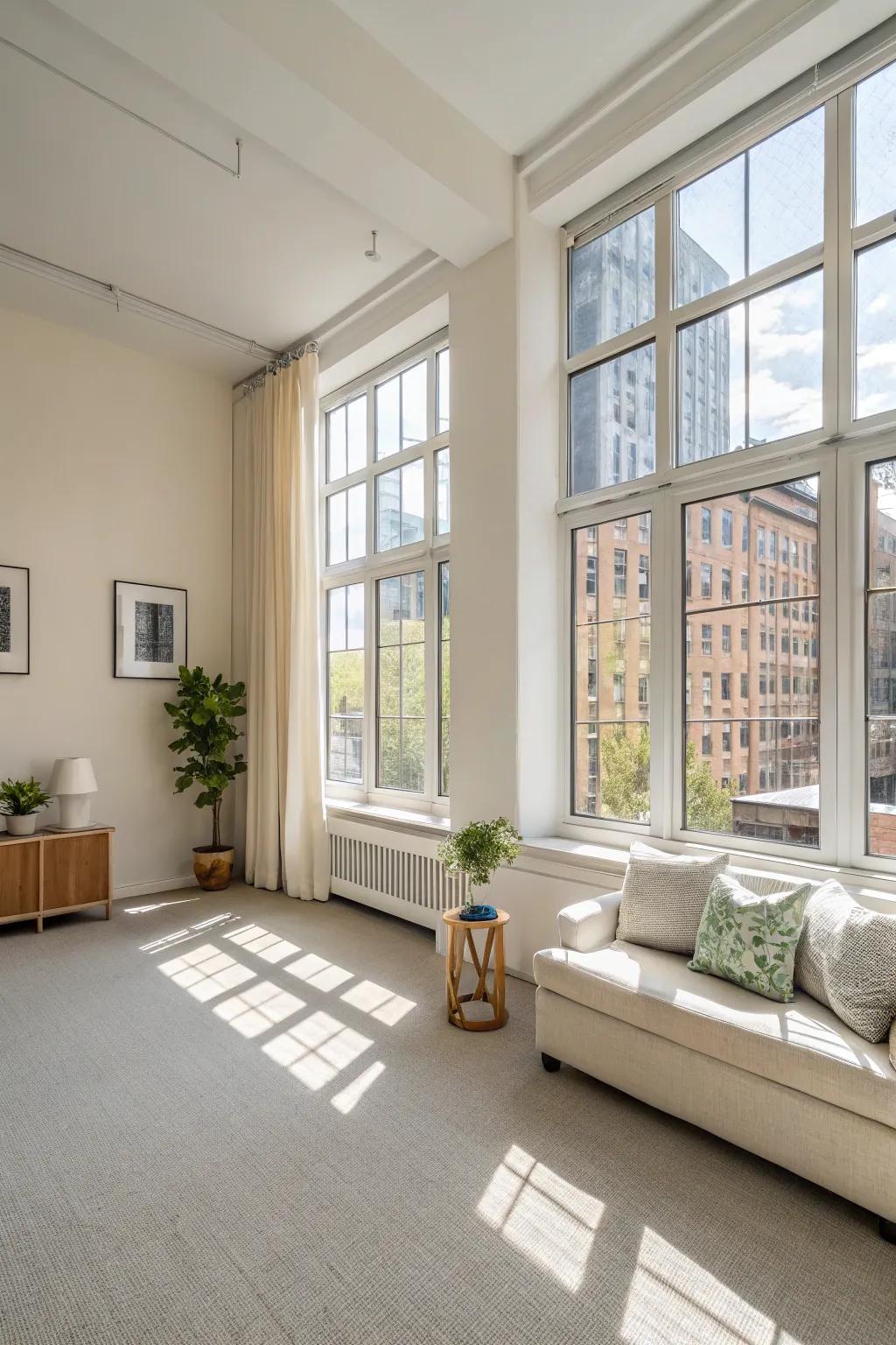 A bright studio apartment with large windows and light-colored walls, enhancing natural light.
