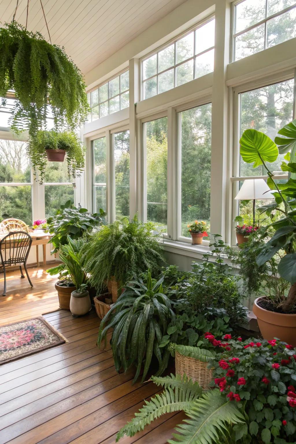 Lush greenery adds vibrancy and a touch of nature to this modern sunroom.