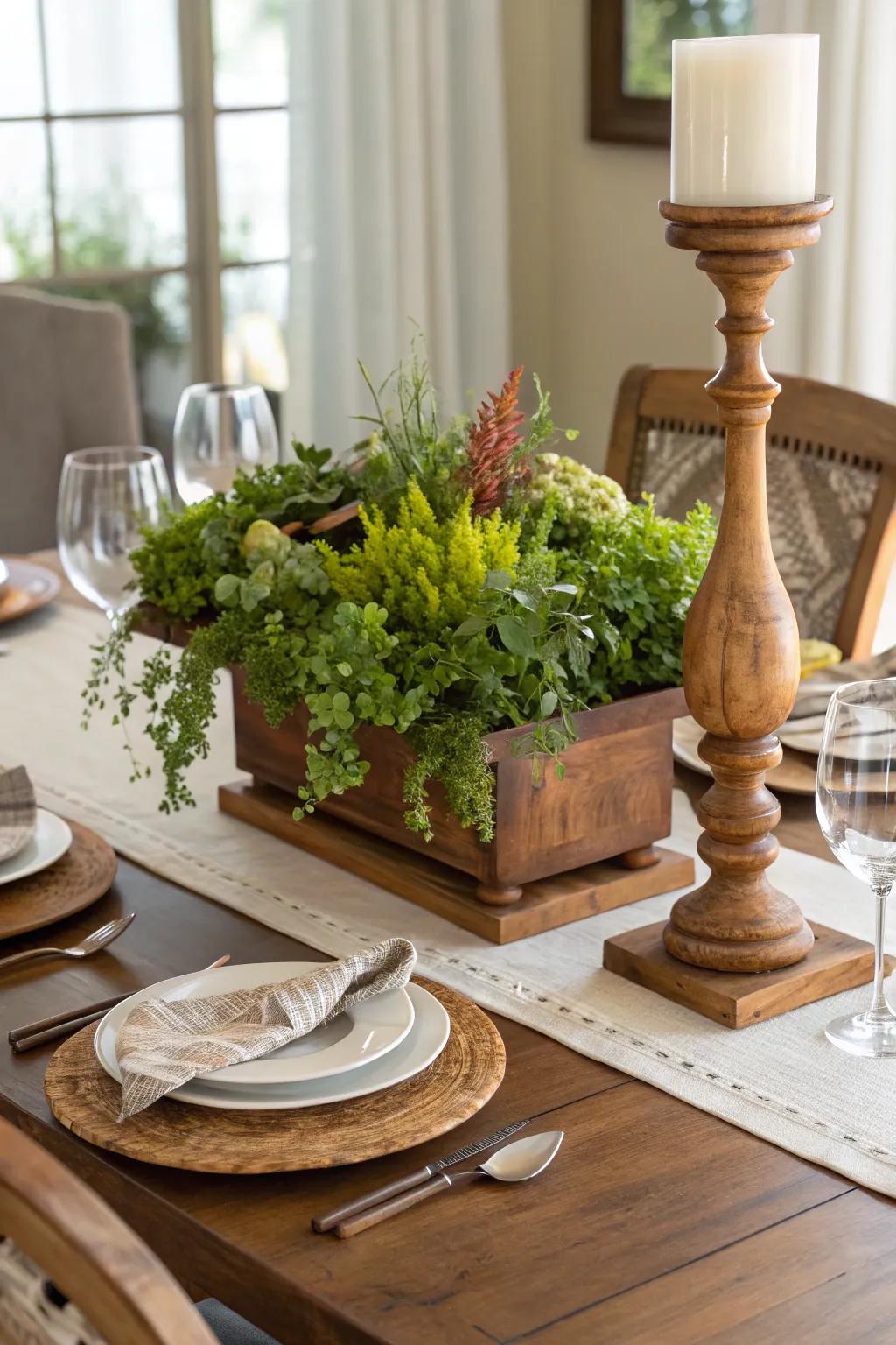 Natural components infuse warmth and texture into the table.