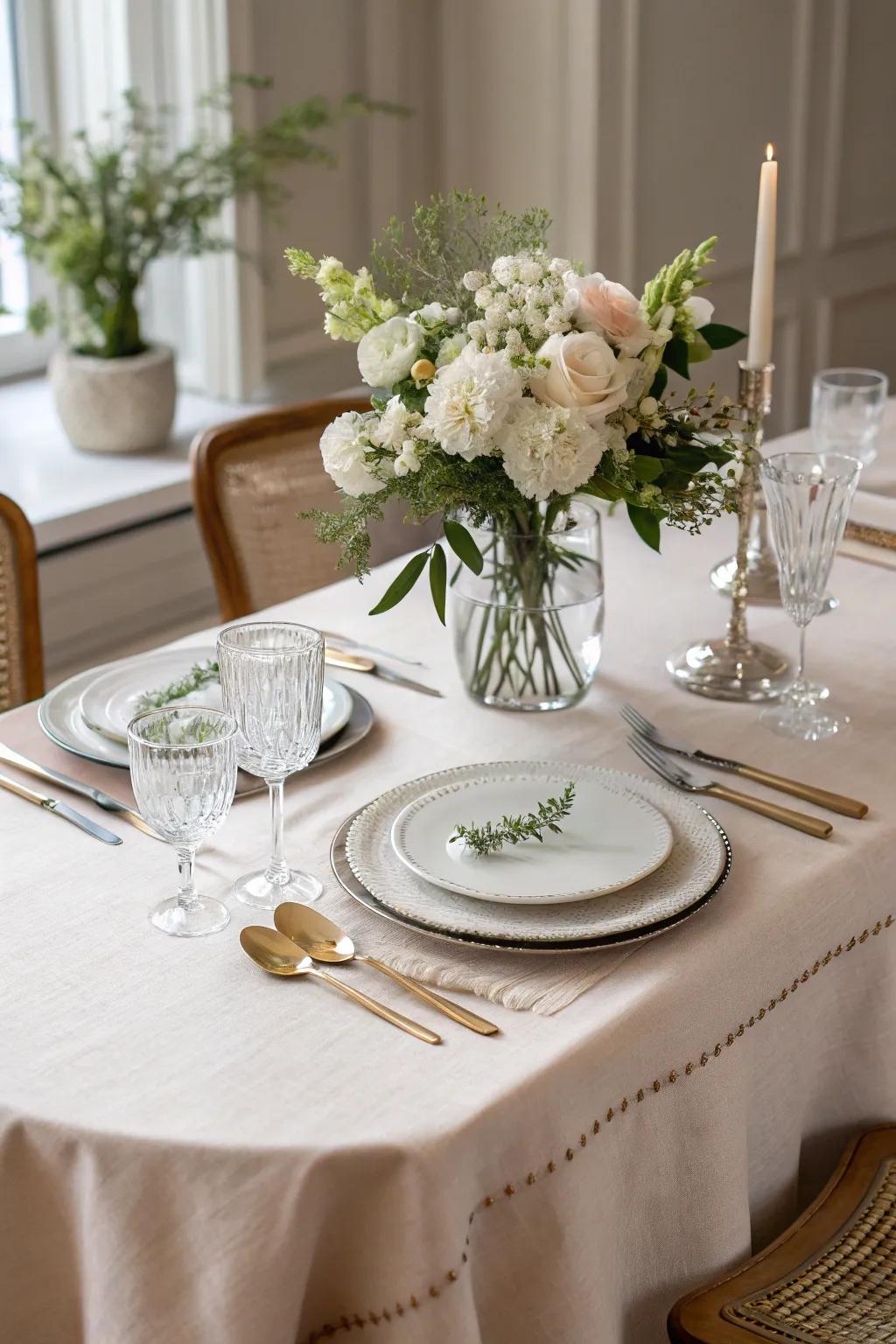 Linen table coverings introduce texture and beauty to any dining setting.