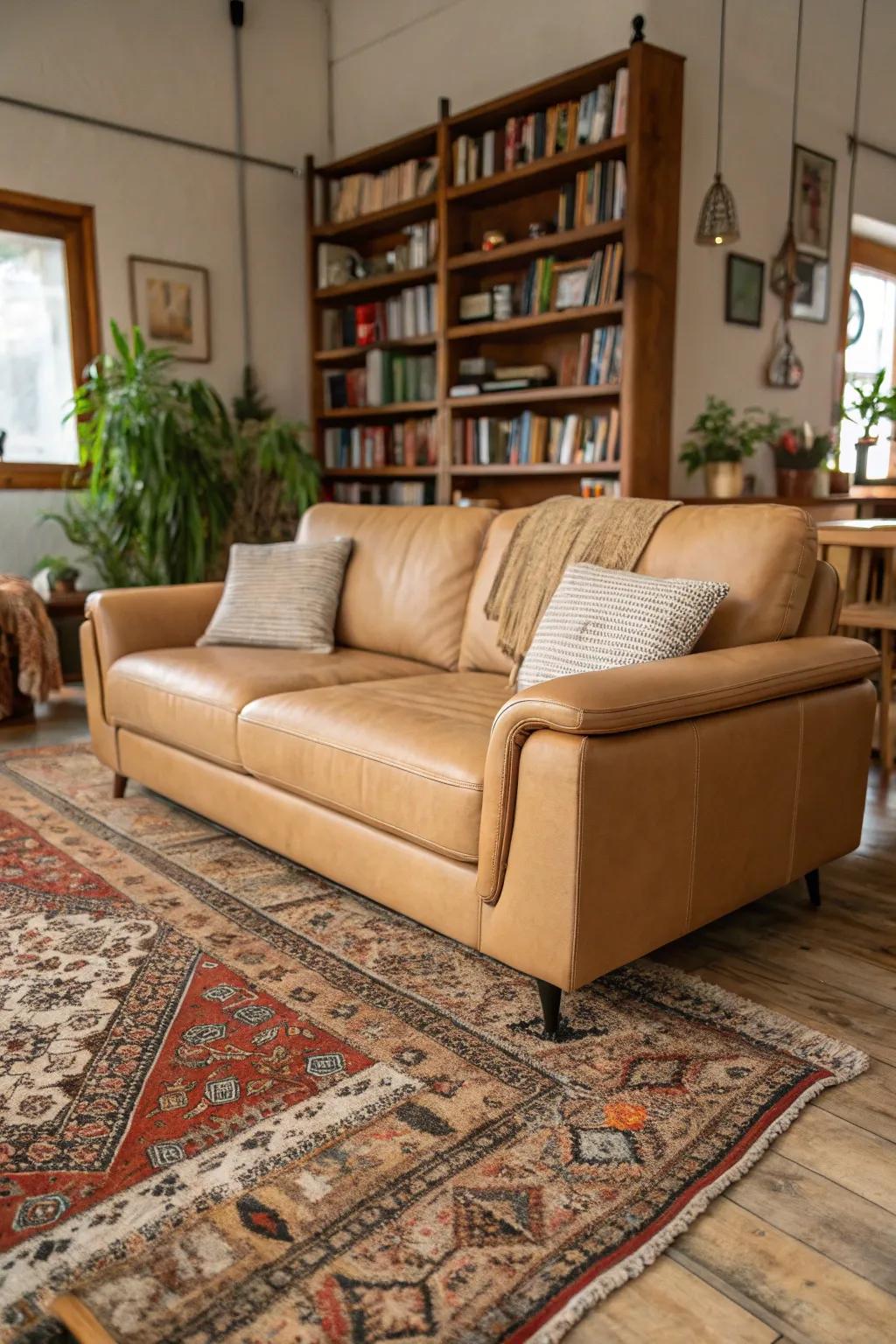 A rough carpet enhances the comfort of a tawny hide couch.