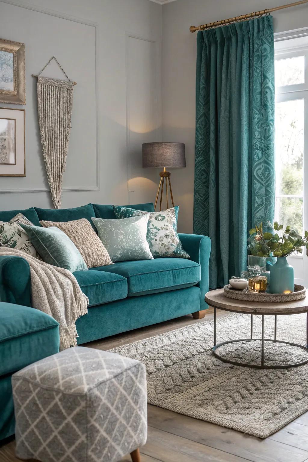 Mixing textures in sea-green and gray adds warmth and depth.