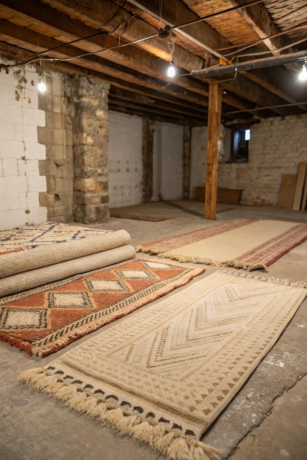 Layers of ground coverings add warmth and style to an unfinished basement.