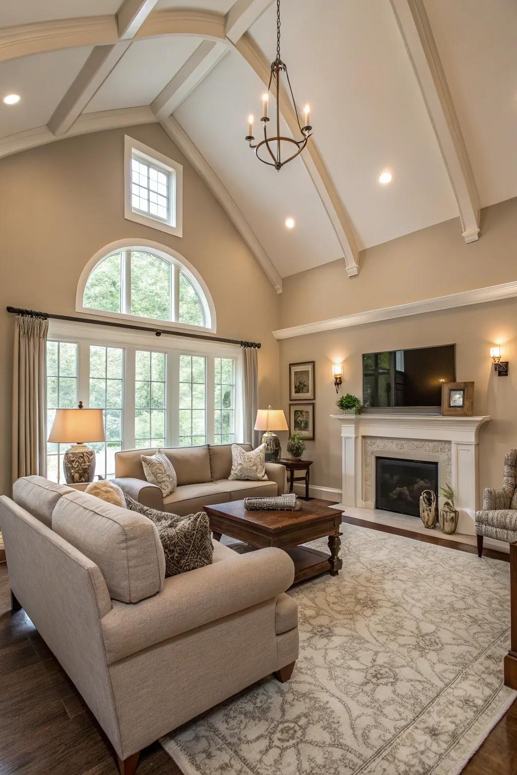 Neutral colors elevate the tranquil and expansive impression of this vaulted ceiling living space.