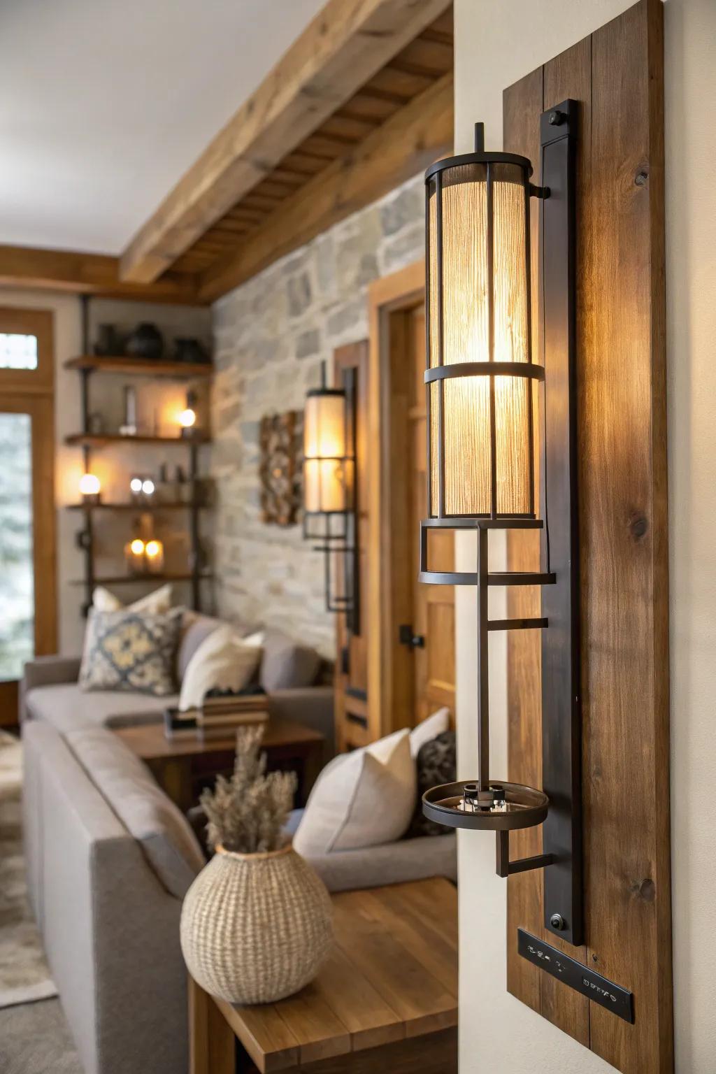 Timber and metal lights establish a cozy yet modern farmhouse atmosphere.