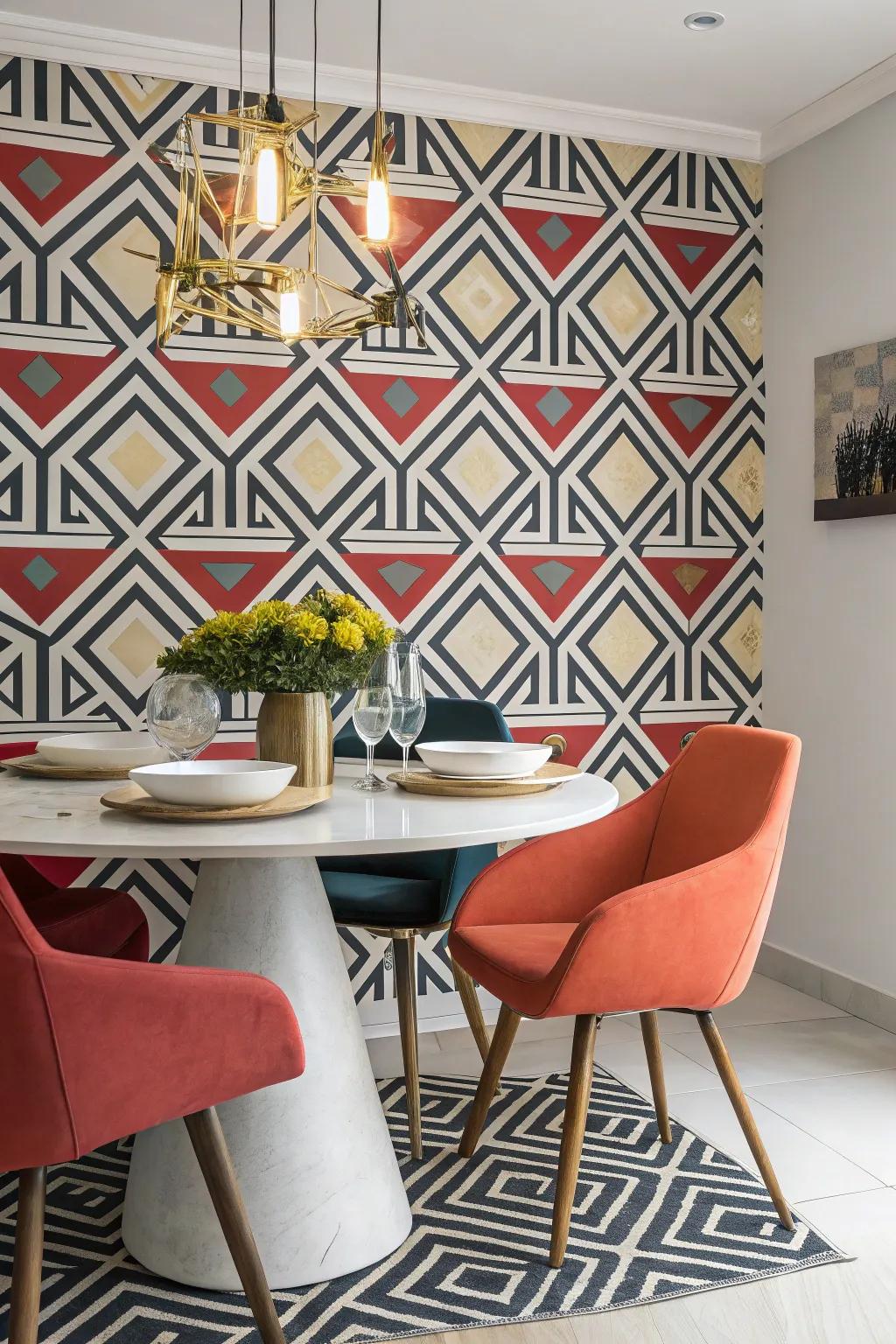 Daring geometric wallcovering enhances a modern dining area.