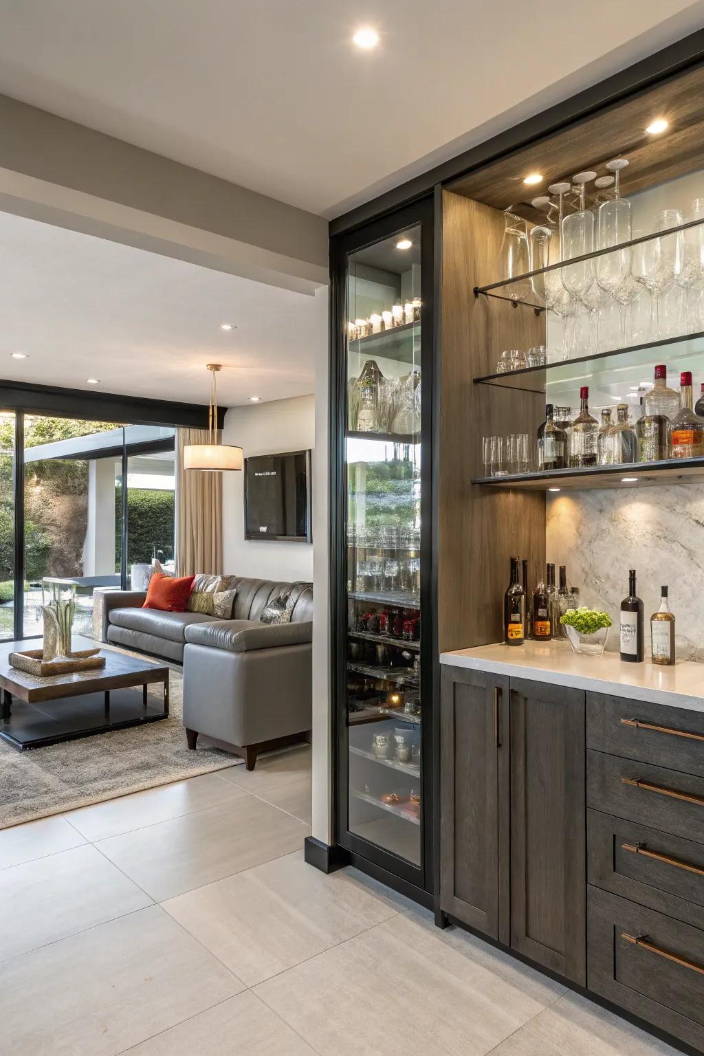 Open shelving lends a contemporary flair to your wet bar.