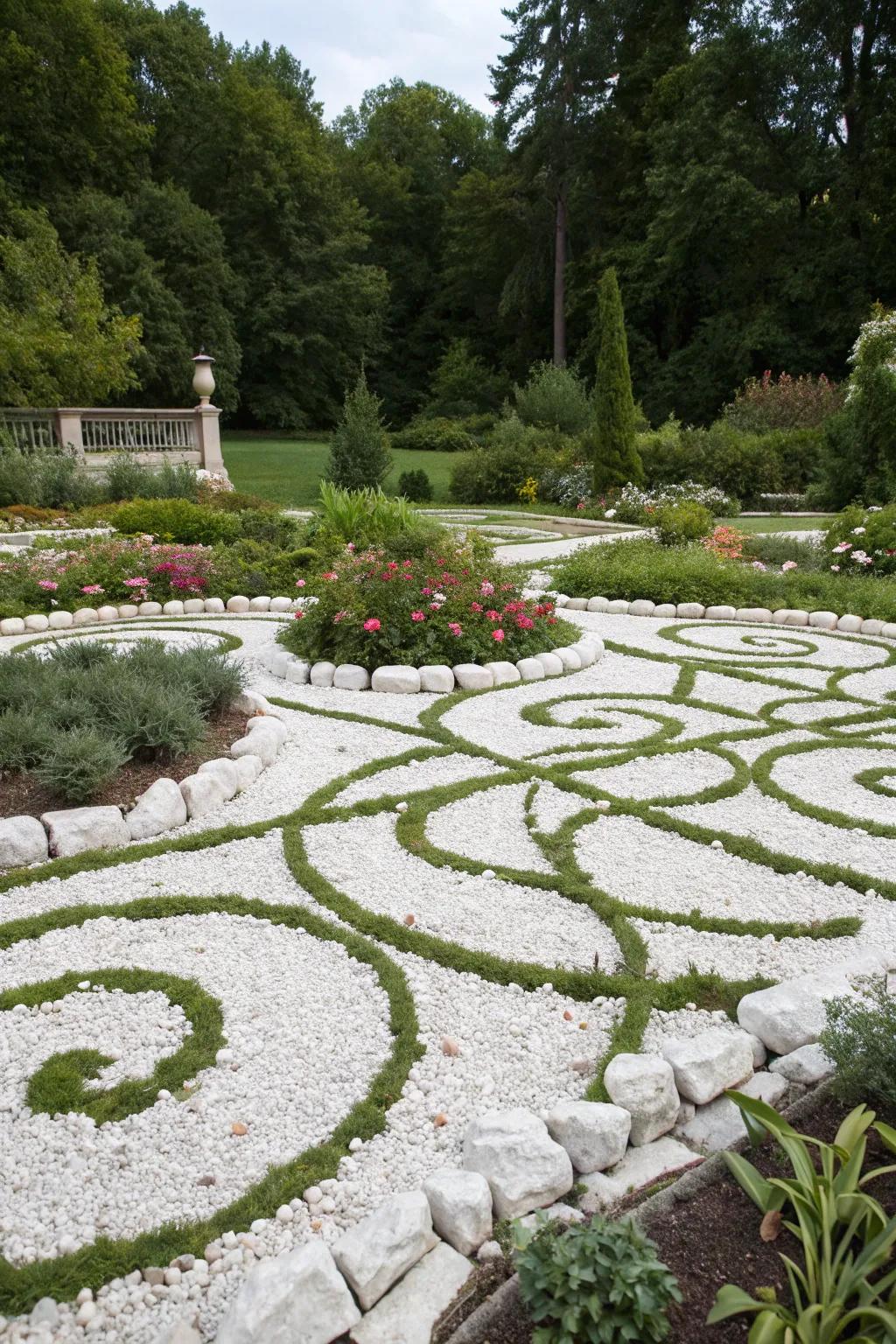 A garden featuring geometric designs fashioned with white stones, incorporating a modern artistic touch.