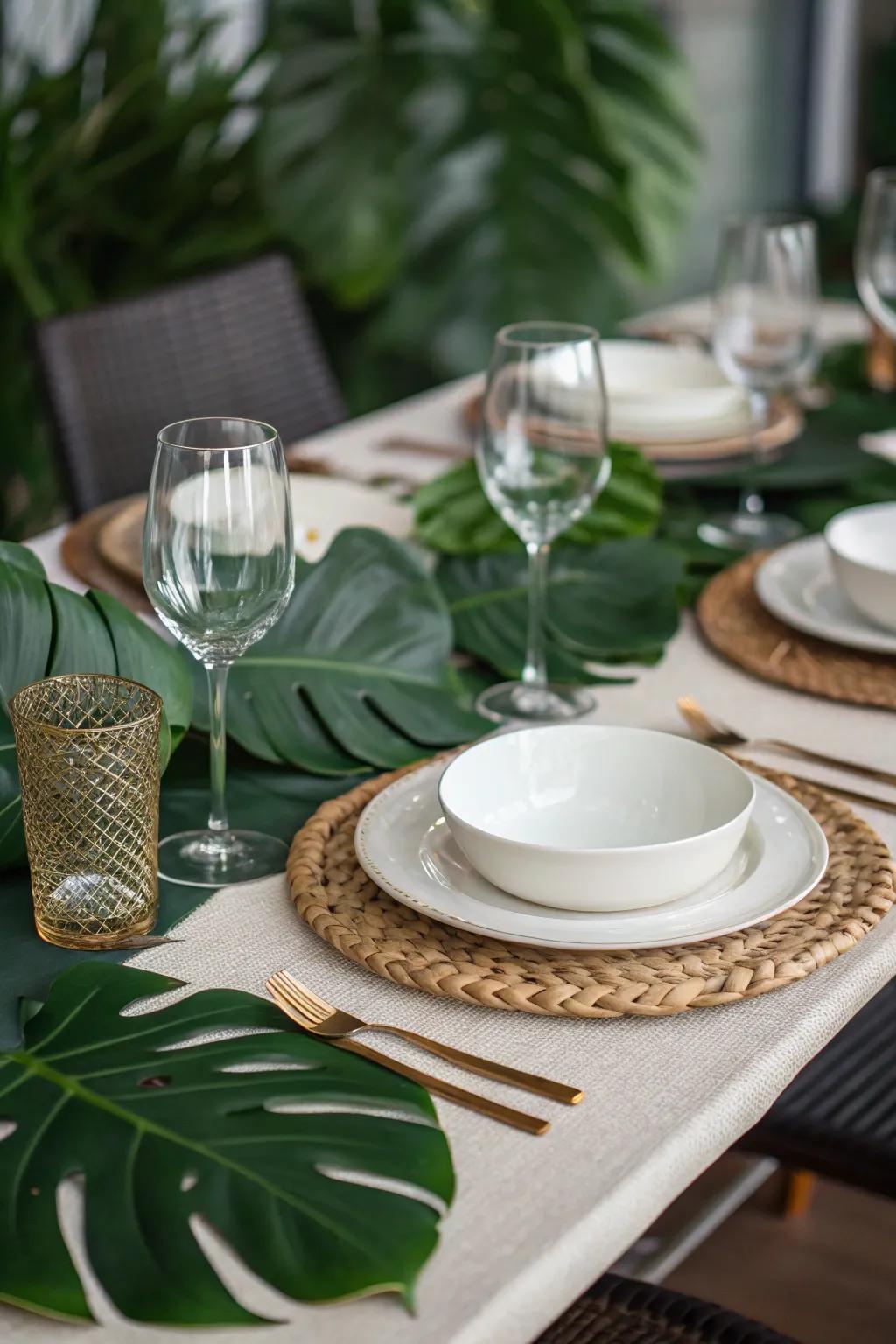 Split-leaf philodendron fronds are used as distinctive placemats for a stylish table arrangement.
