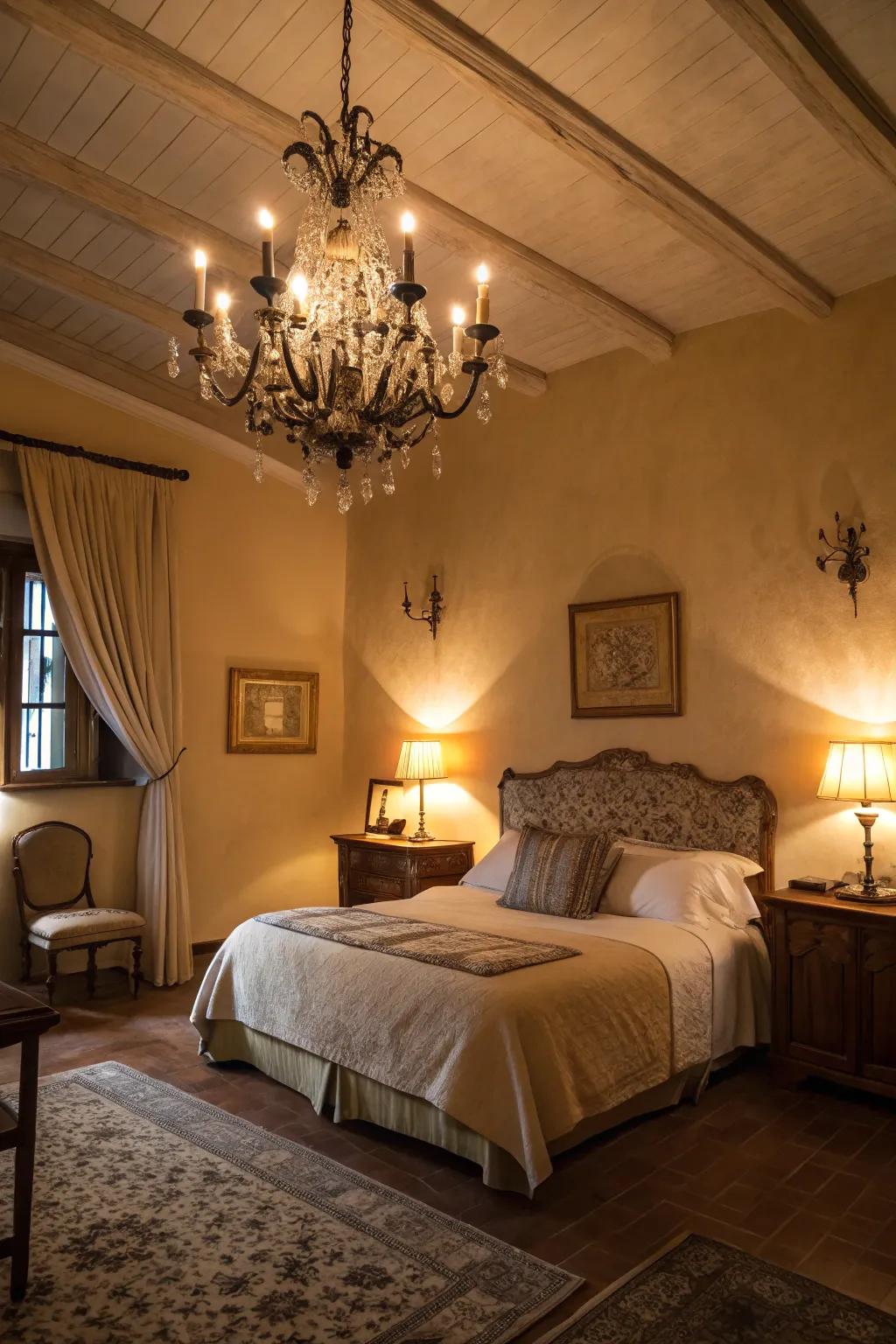 A bedroom lit with cozy surrounding lights and a ceiling light.