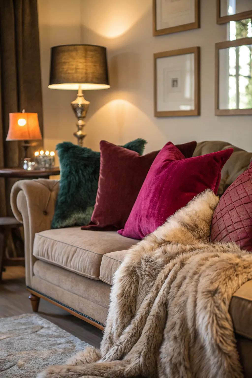 Snug fabrics such as velvet and imitation fur in a shadowy living area.