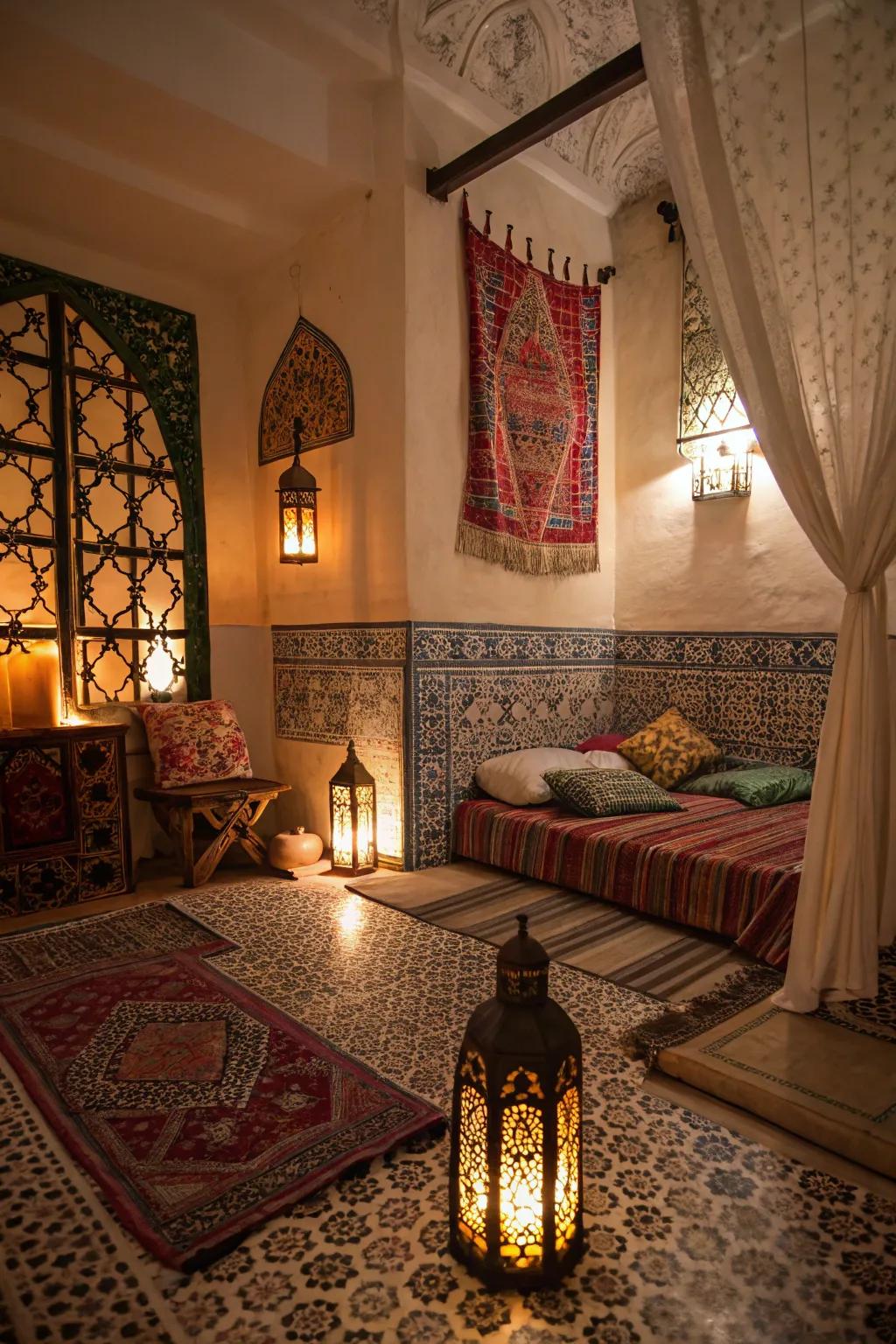 Warm lighting casts enchanting shadows in a Moroccan bedroom.