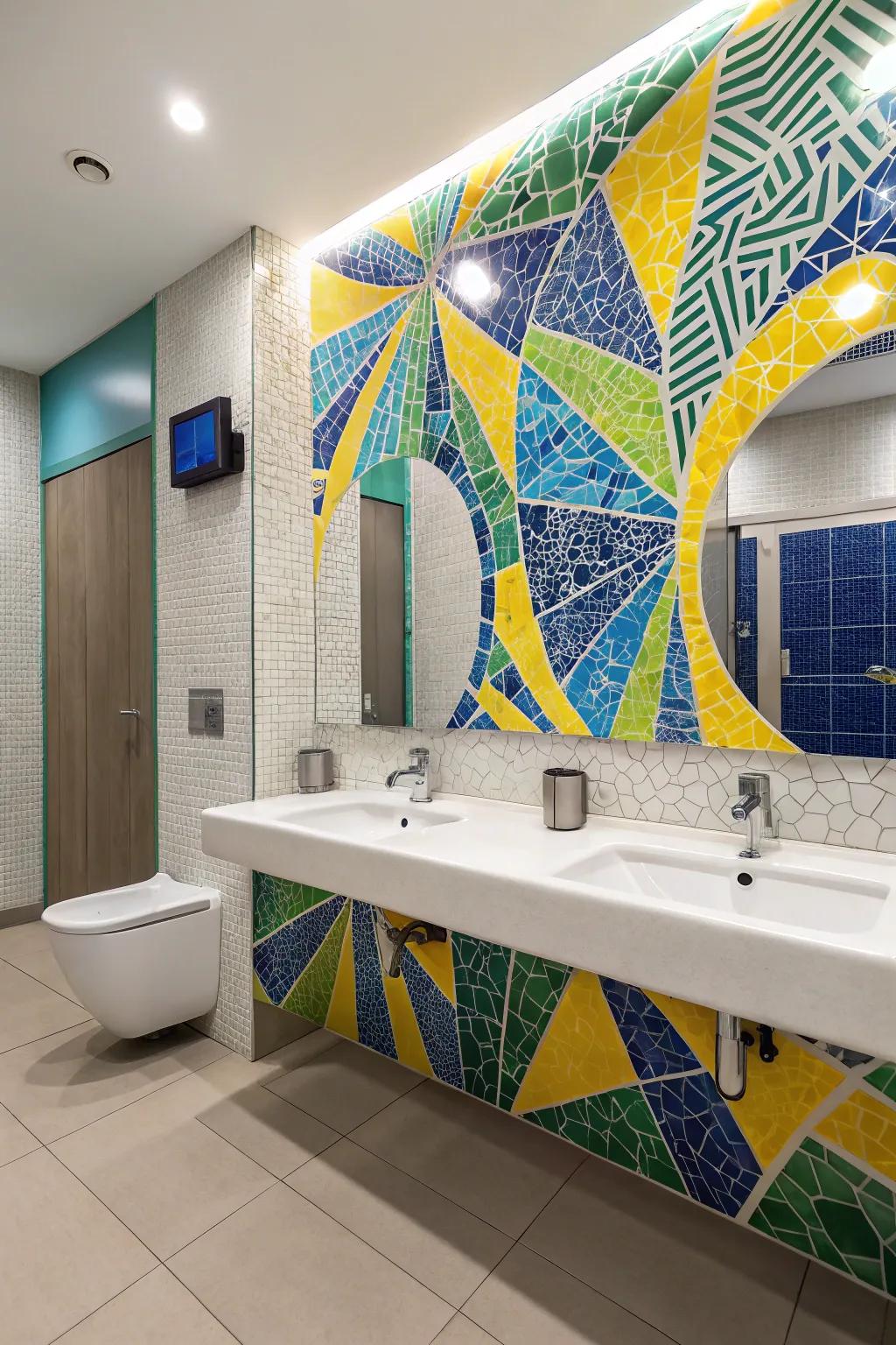 A lively mosaic feature wall that serves as the bathroom's centerpiece.