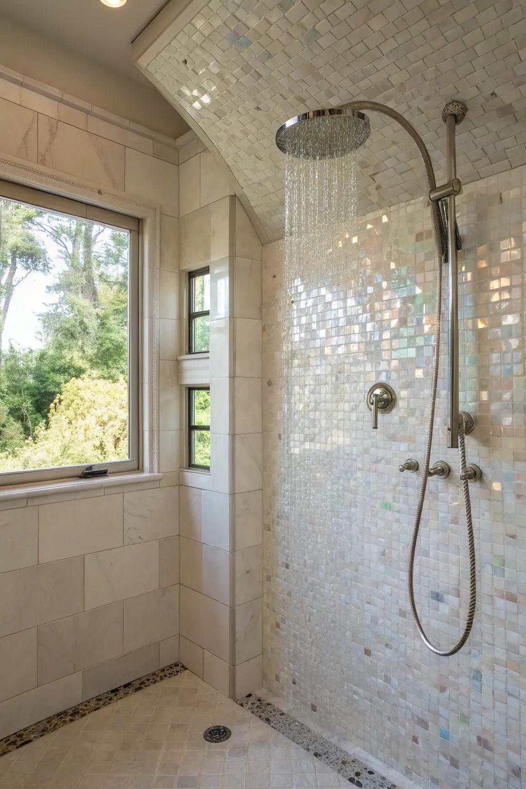 Transform your shower into a lavish retreat with nacre tiles.