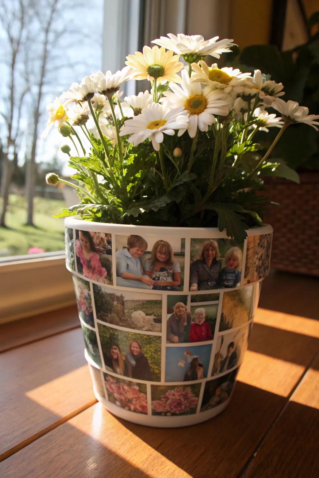 A flower pot adorned with treasured family snapshots.