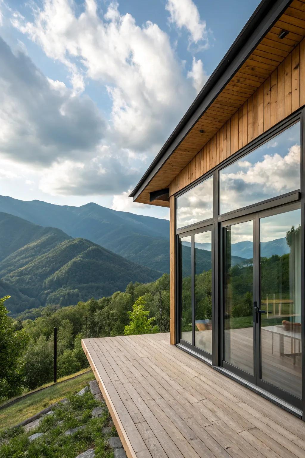 A contemporary cabin featuring large windows that offer expansive mountain views.
