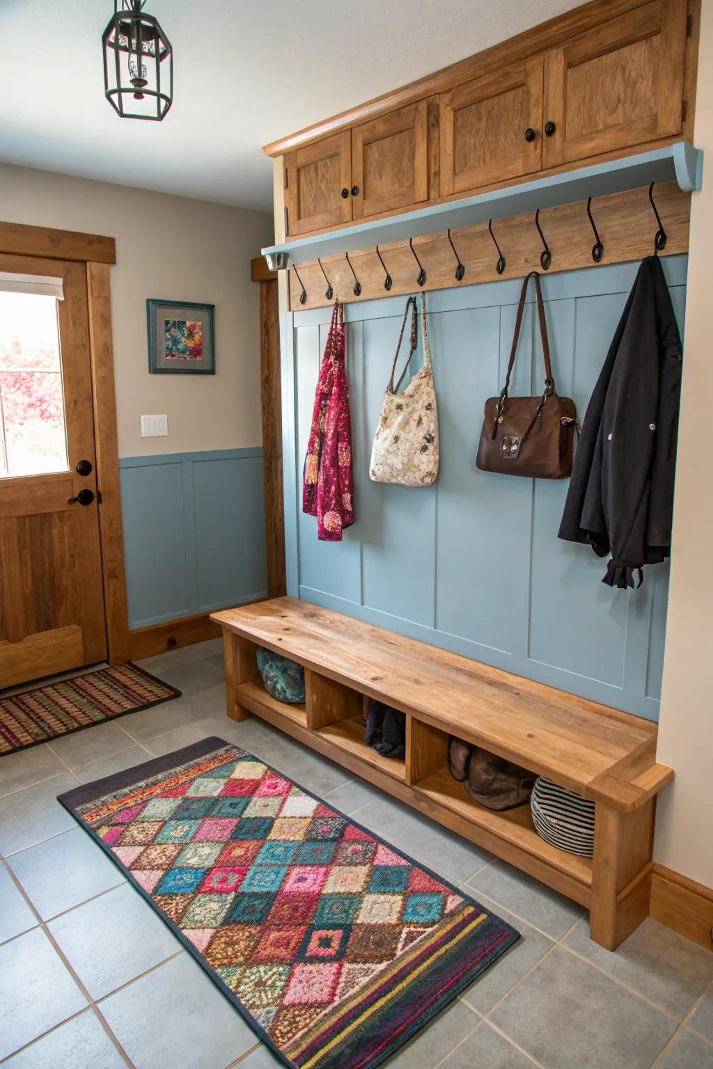 A useful mudroom with installed hooks for well-organized hanging.