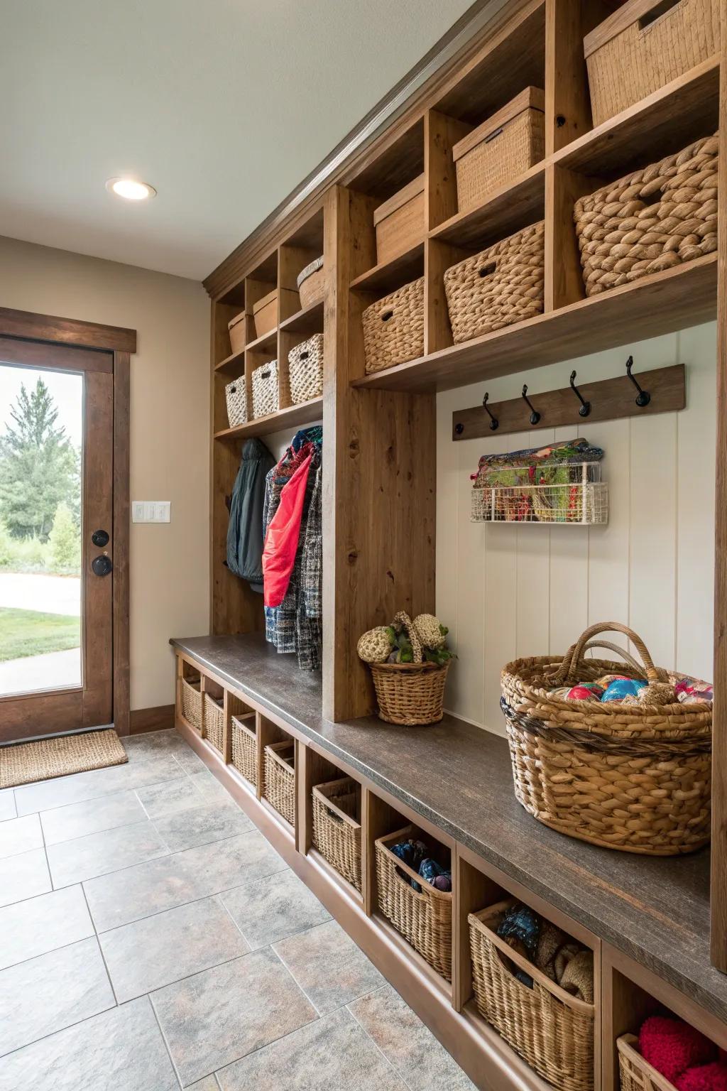 Mudroom shelves display pretty storage baskets made of natural materials, adding a stylish touch.