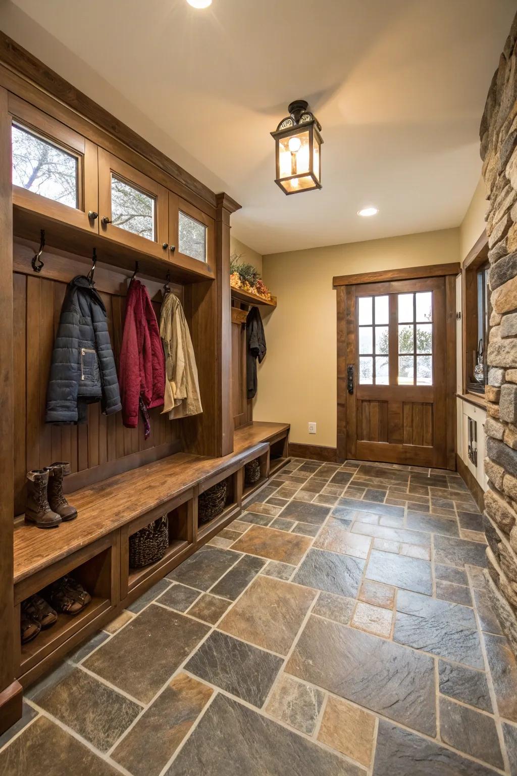 Your mudroom will have a more earthy vibe thanks to natural stone floor coverings.