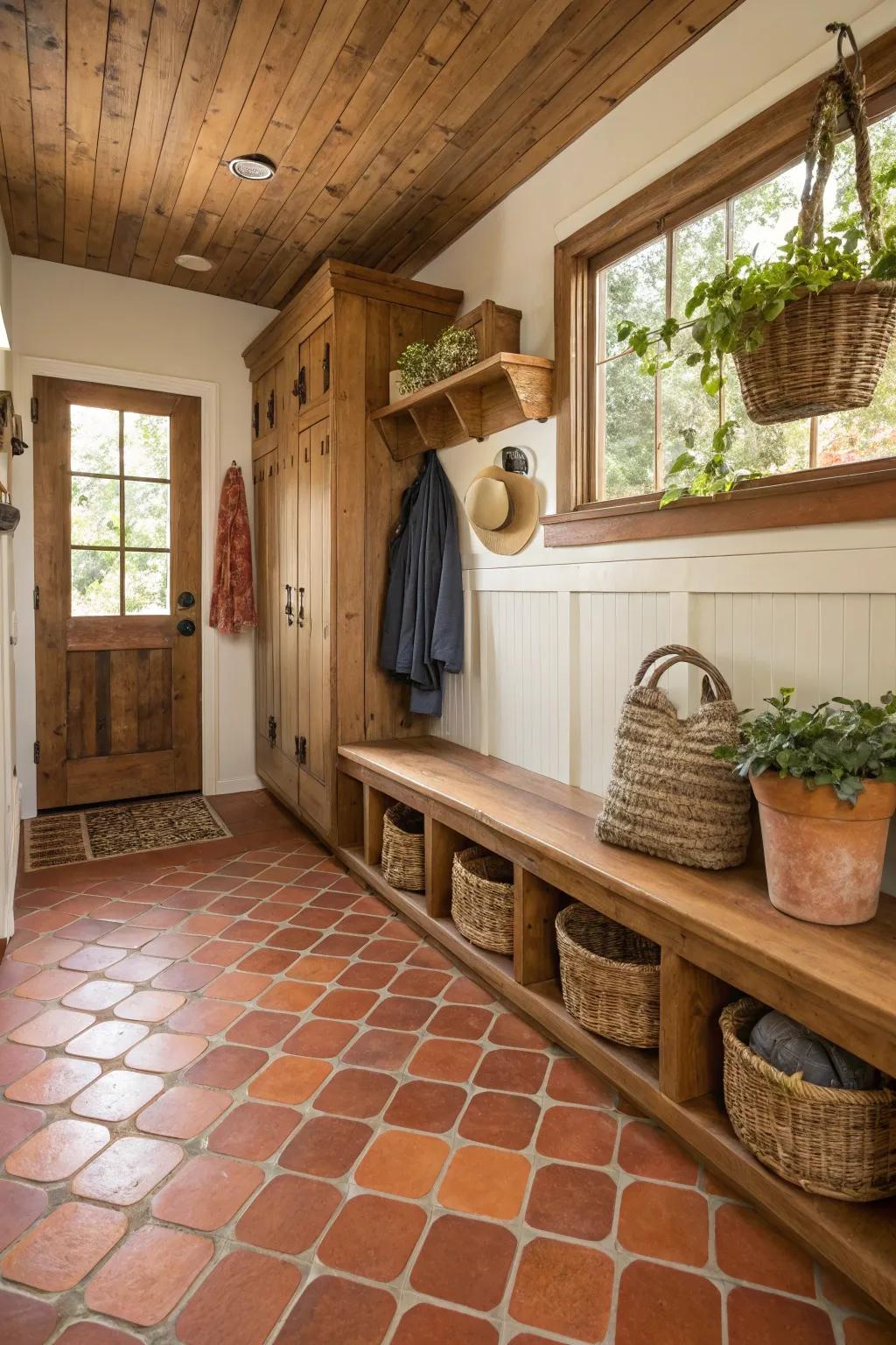 Warm earthen clay tiles in a welcoming mudroom