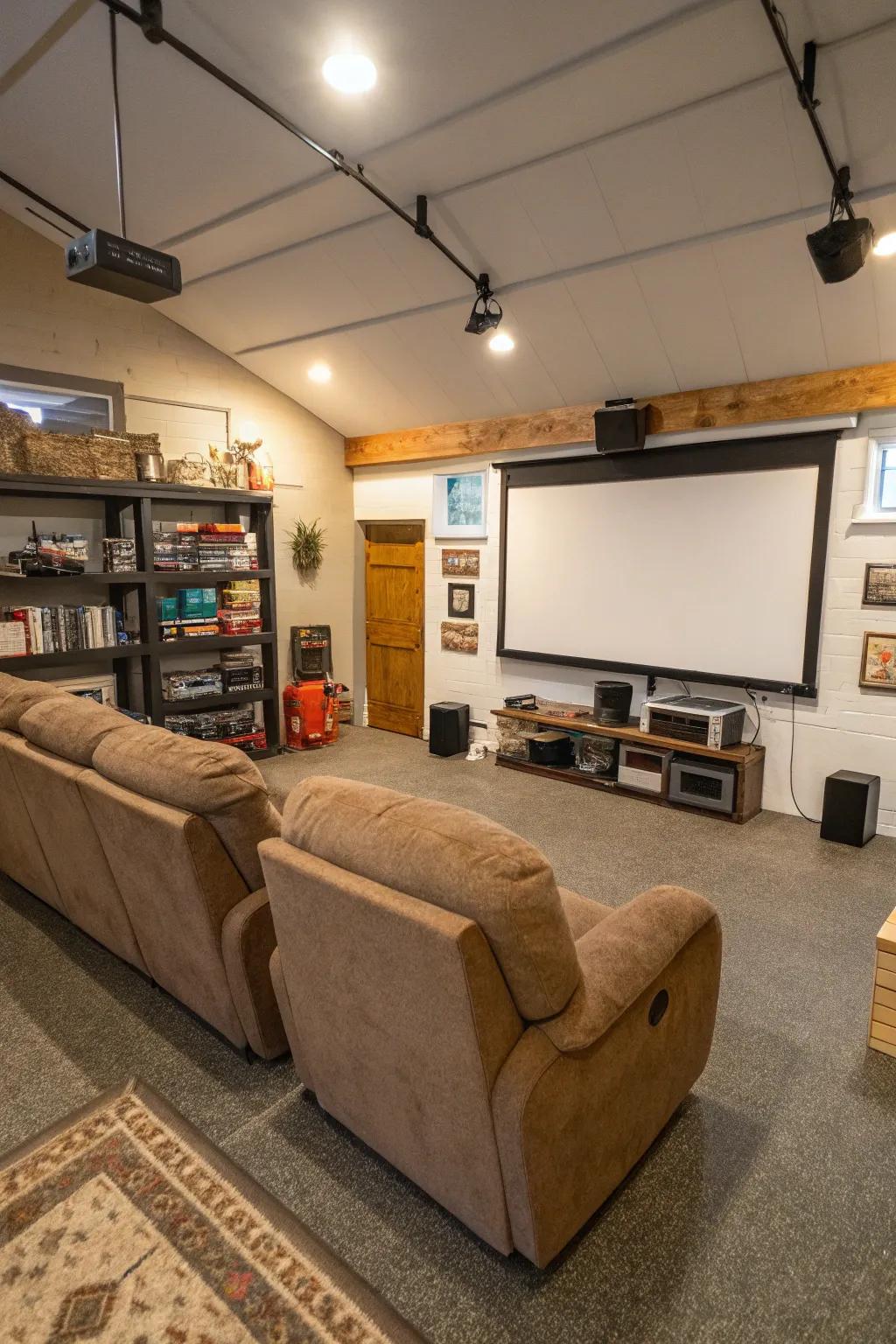 A garage remodeled as an entertainment hub with comfortable chairs and a screen.