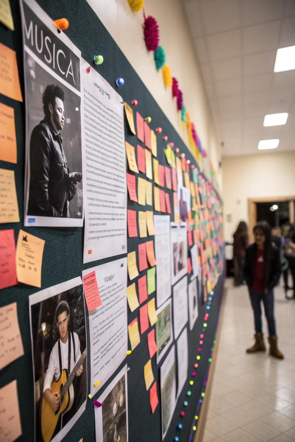 A bulletin board displaying motivational quotes from celebrated musicians.