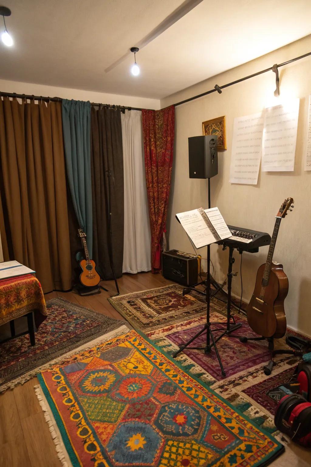 Rugs and curtains enhance sound quality and add comfort.