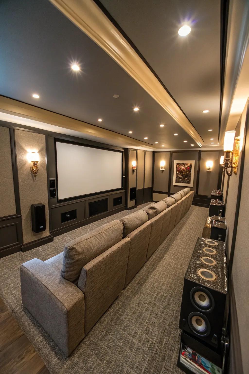 Built-in seats are a smooth answer for narrow theaters.