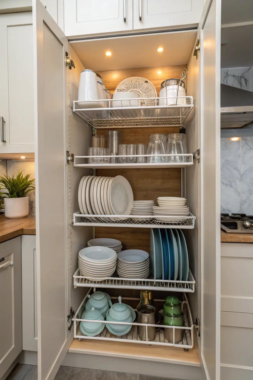 A slim cabinet with bespoke shelves holding layers of kitchenware.