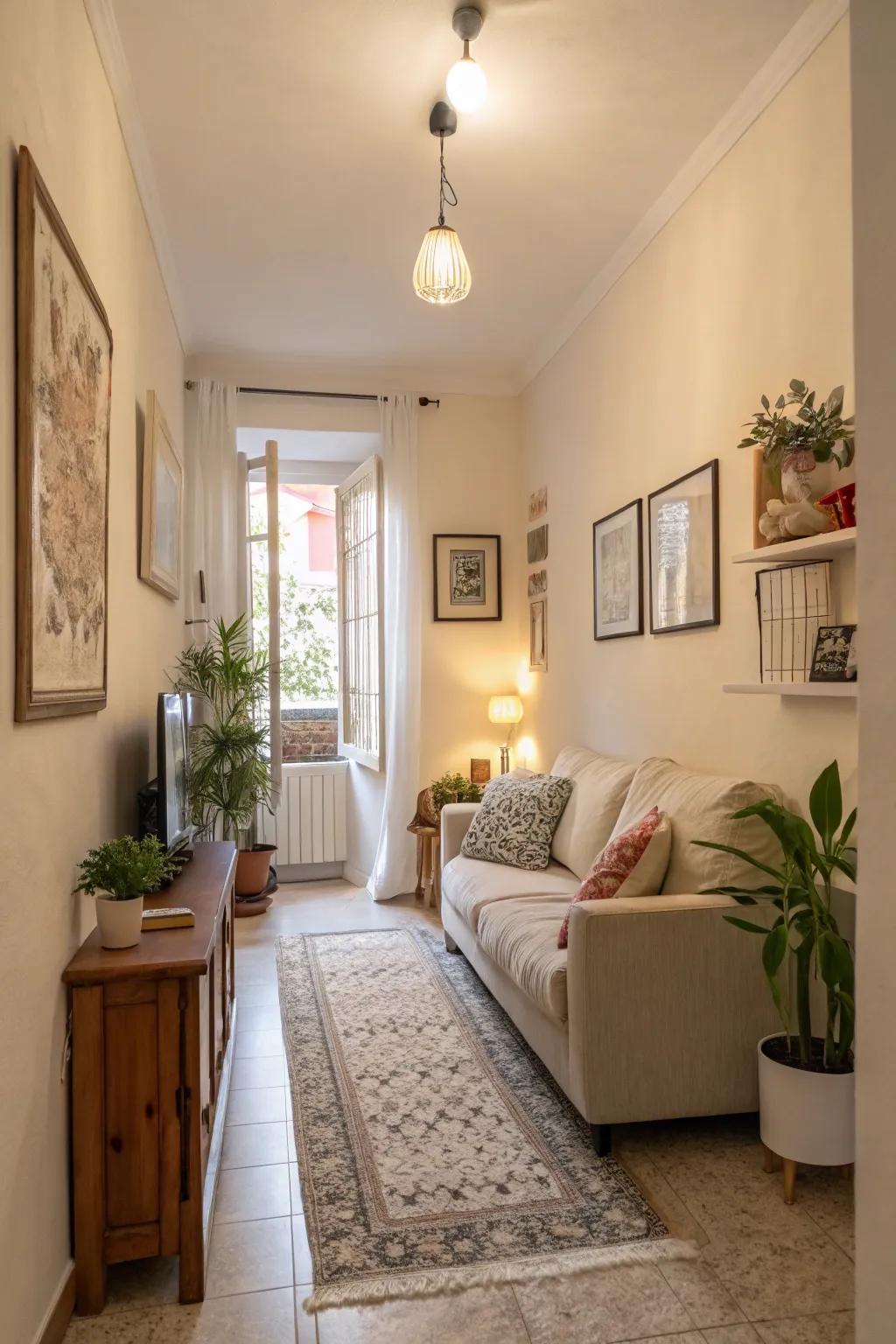 Soft hues generating an airy and roomy sensation in a compact living area.