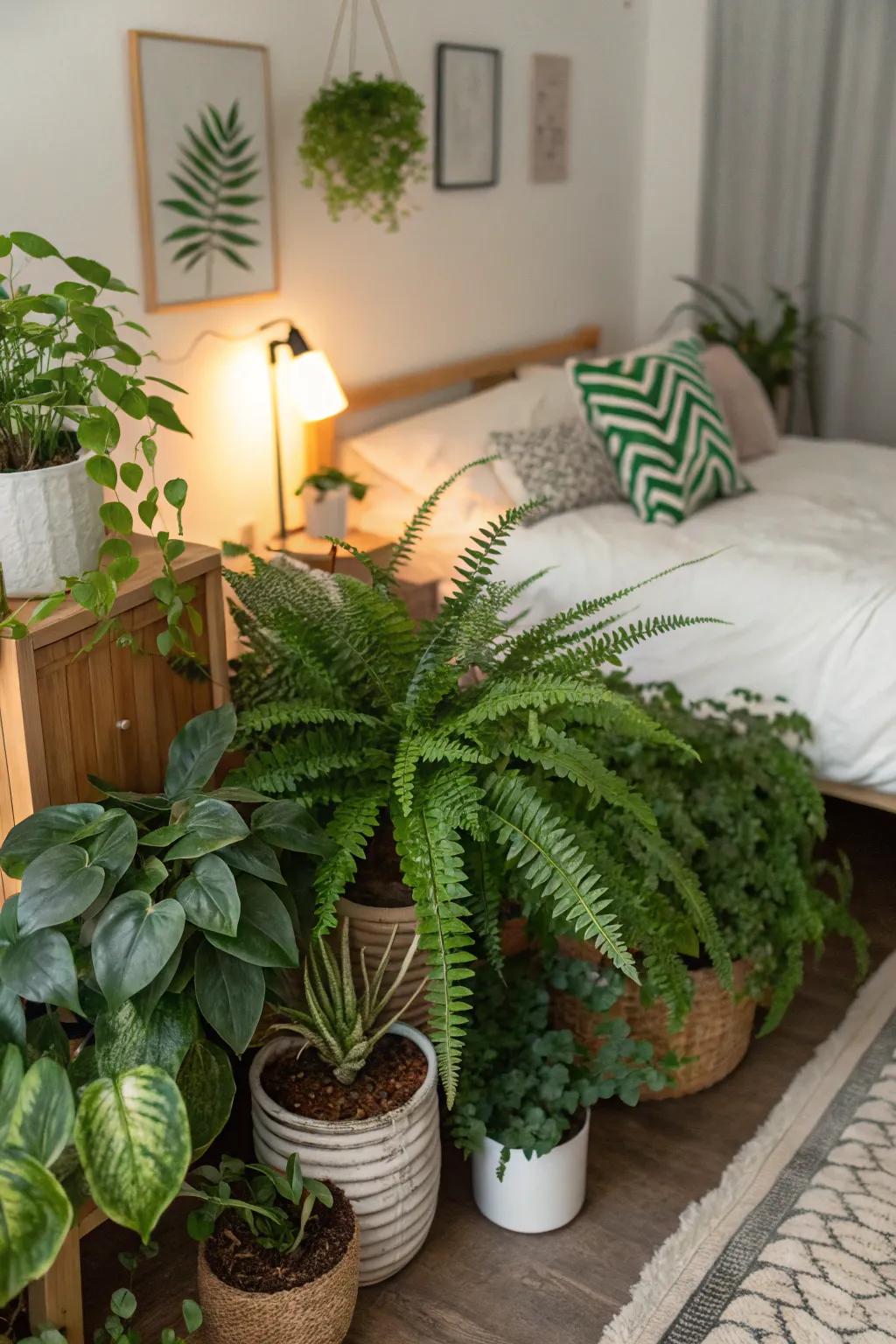 Indoor plants bring a natural element to this bedroom corner.