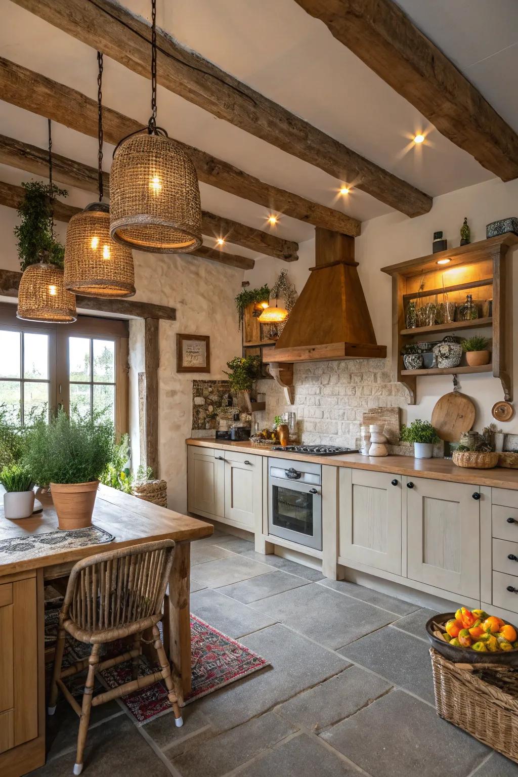 Visible timber supports infusing countryside charm into a modern kitchen.