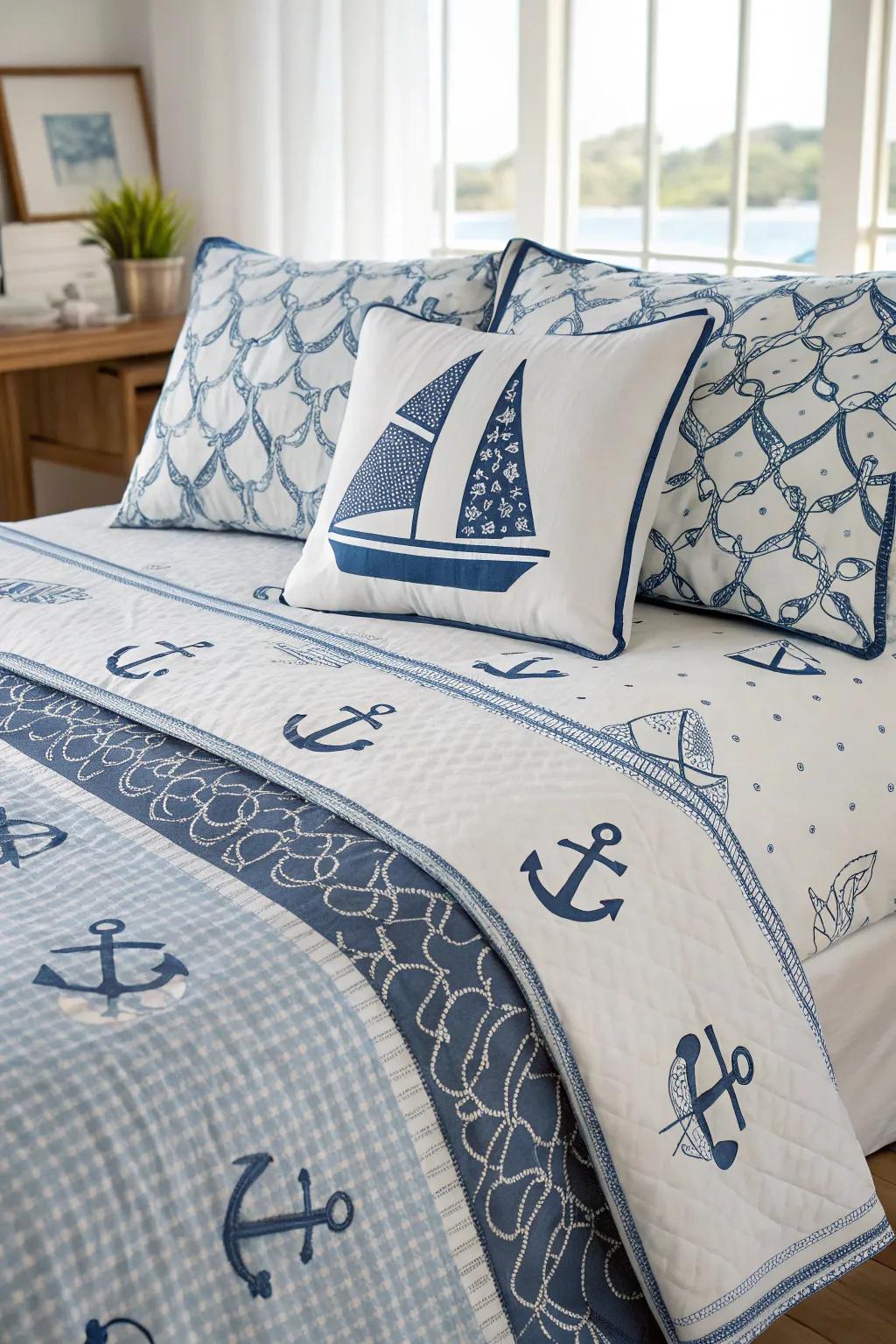 Maritime bedding transports the ocean directly into your sleep space.