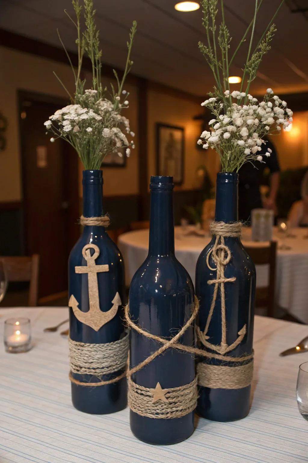 Repurposed glass bottles morph into stylish nautical decor.