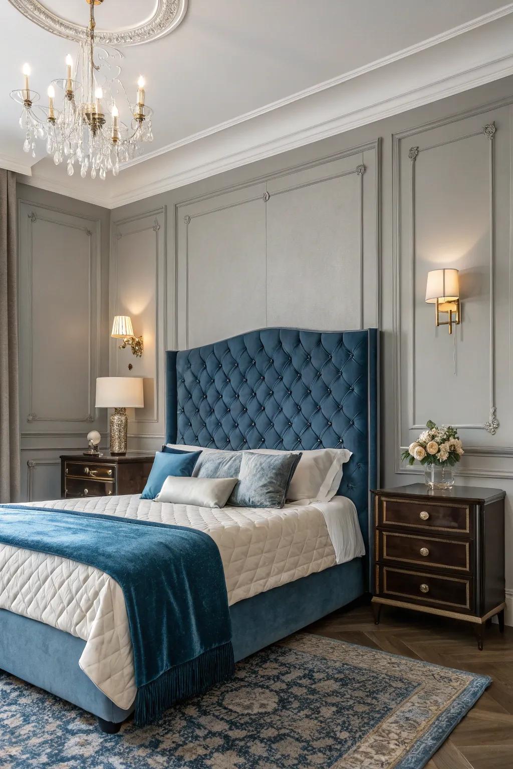 A sky blue velvet headboard brings an element of luxurious charm and sophistication to the room.