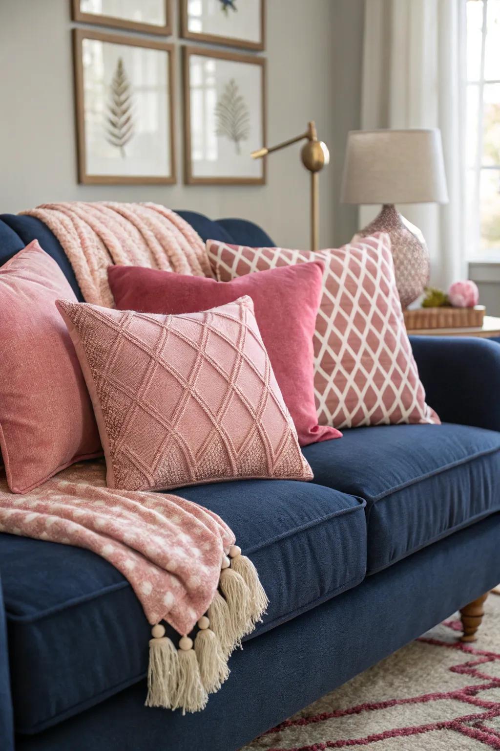 Rose cushions contribute a playful detail to a navy sofa.
