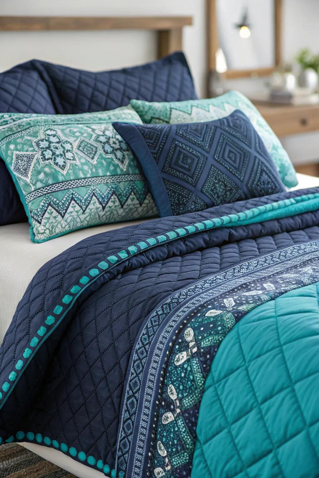 Multi-layered bedding in navy and teal fashions an inviting hideaway.
