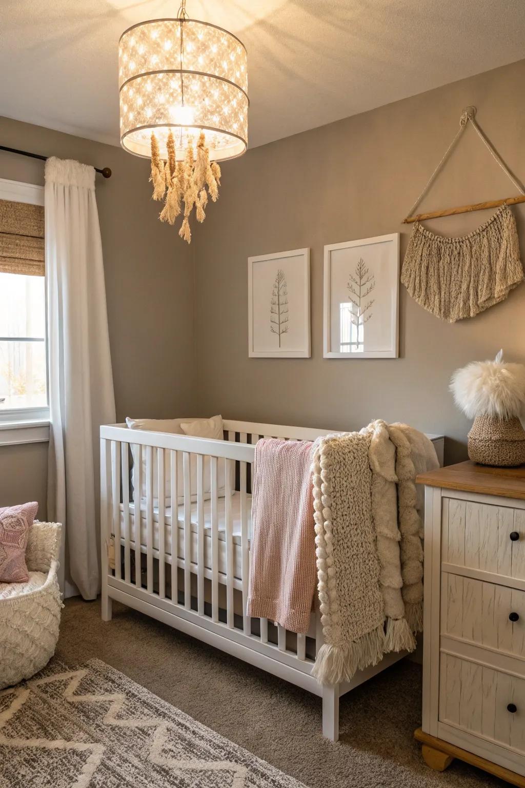 A harmonious nursery with greige tones.