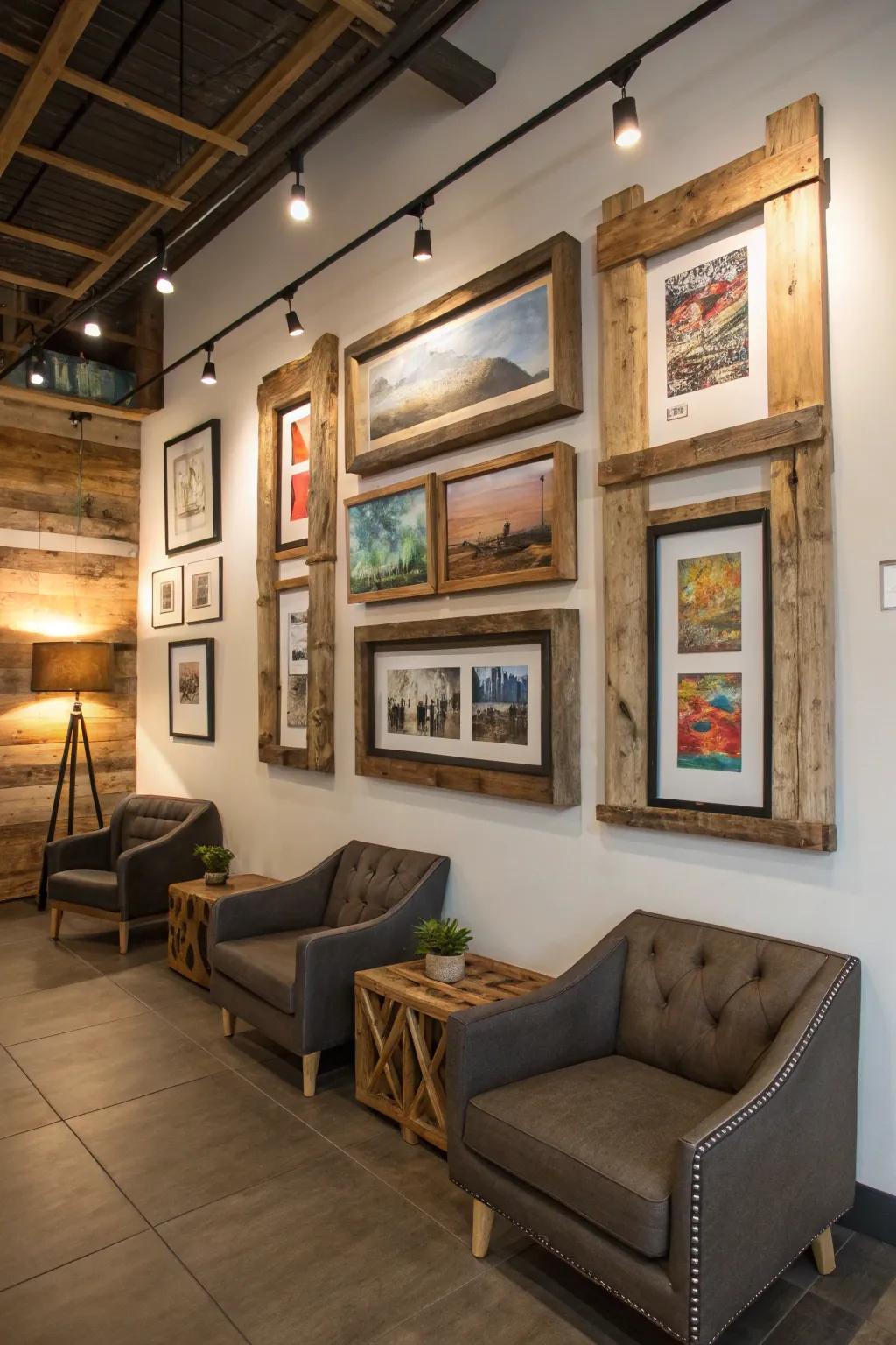 A balanced decor combines modern art with rustic appeal.