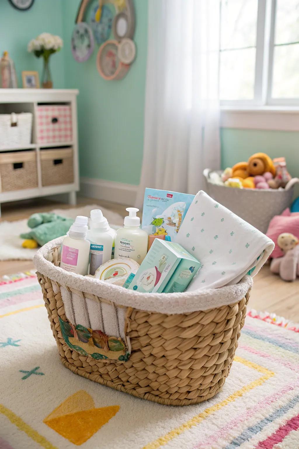 A practical baby care kit in a gift basket.