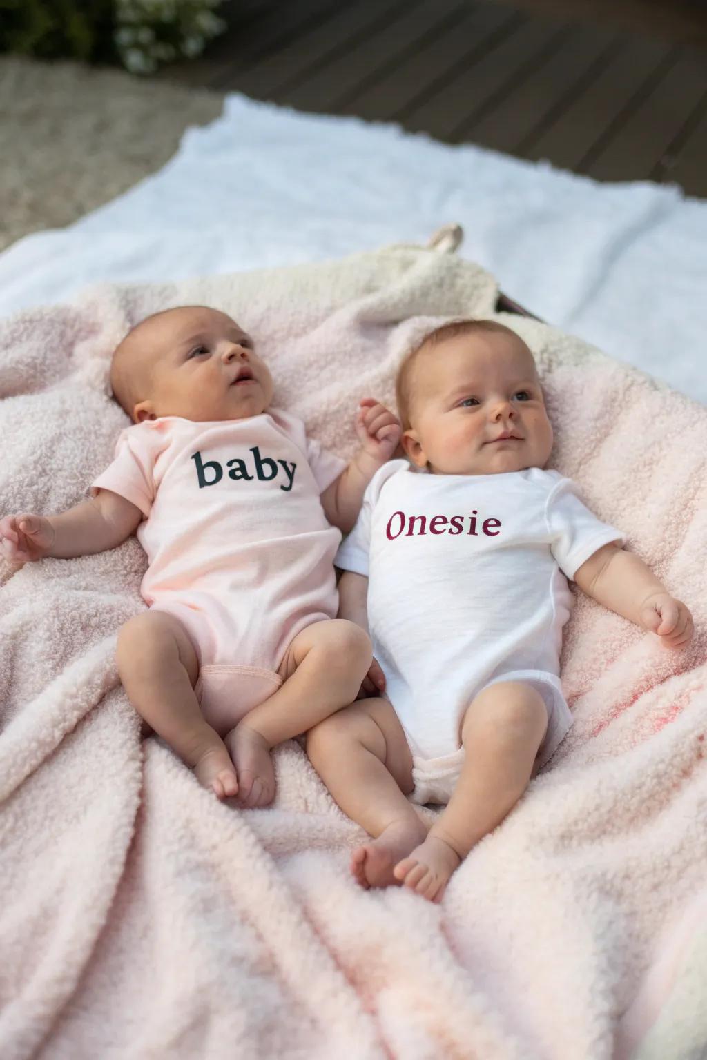 Matching onesies bring smiles and style to twin wardrobes.