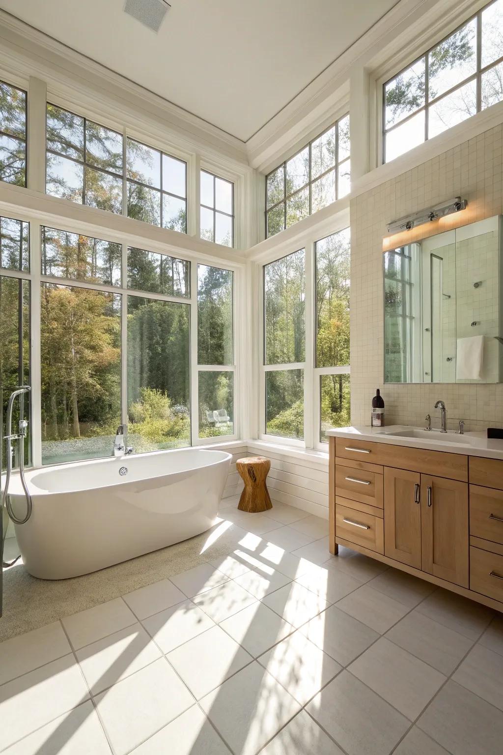 A bright bathroom illuminated by natural light through large windows.