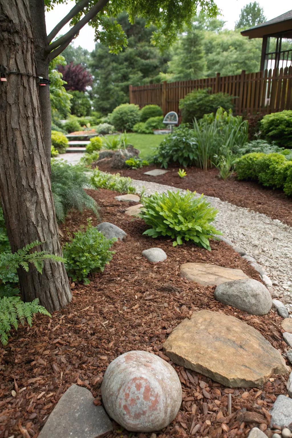 A tranquil garden featuring mulch and soil covers for effortless care.