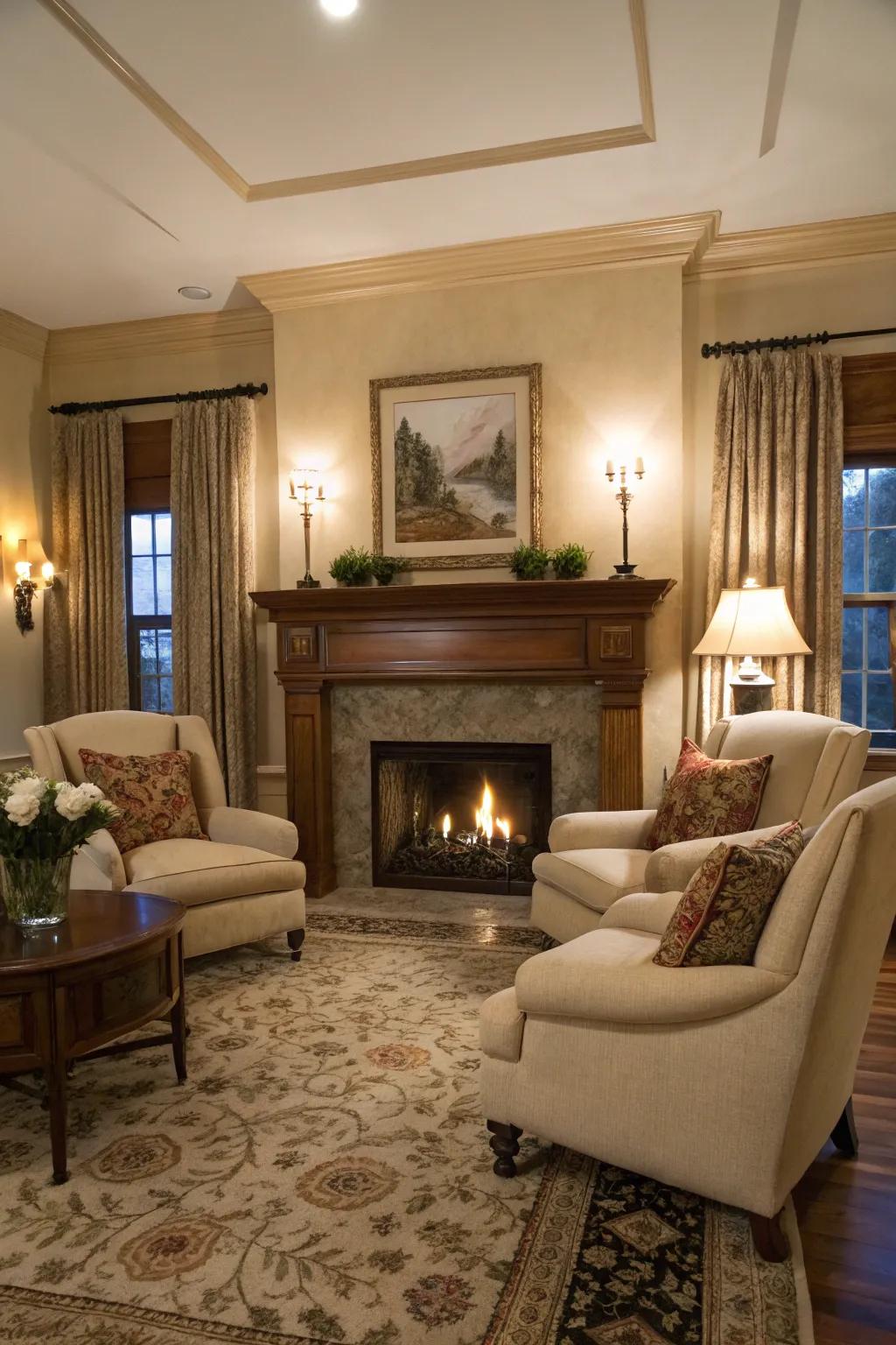 A fireplace delivers comfort and becomes a natural meeting spot.