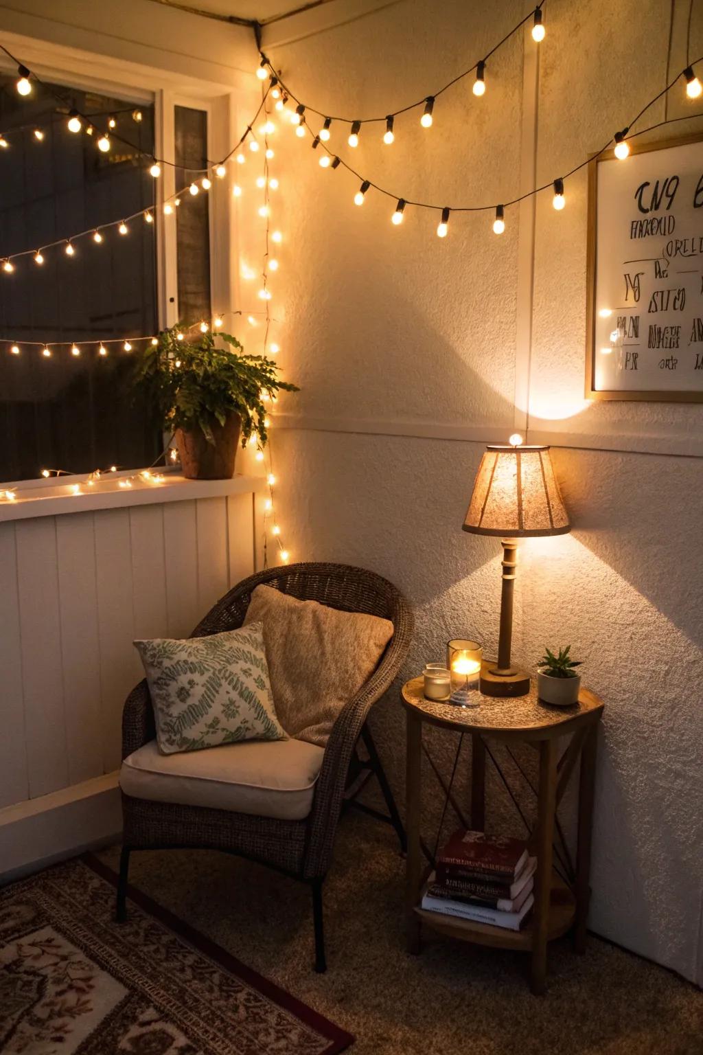 A nook beautifully lit with soft lighting, creating an ideal space for relaxation.