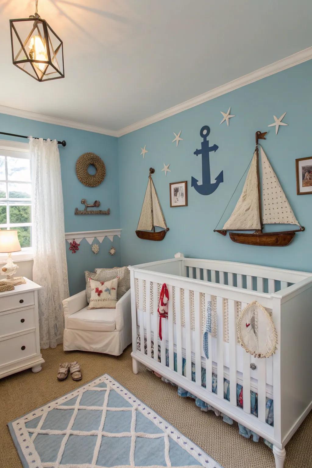 A coastal-themed nursery featuring peaceful heavenly blue hues.